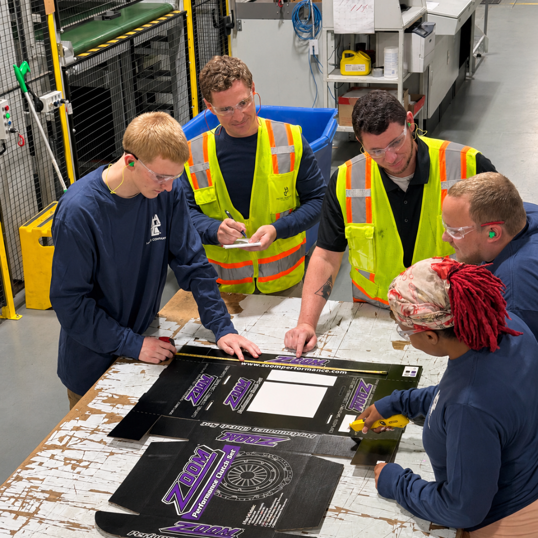 A group of men and one woman gather around a table to look at layouts and discuss work