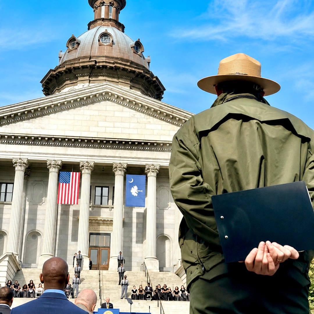 A South Carolina Parks, Recreation, and Tourism worker stands in front of the SC state house