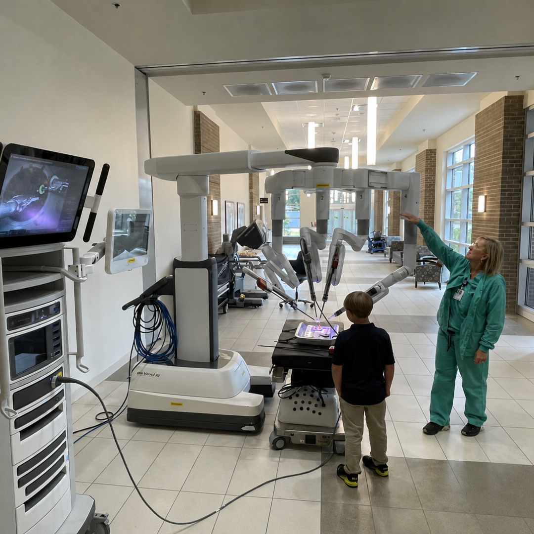 A hospital worker works on the operating machine in front of her, showing it to the young child next to her