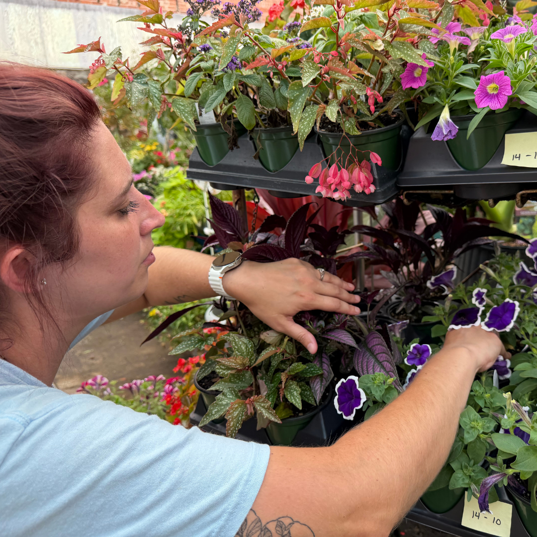 A woman works with a bunch of plants and flowers around her 
