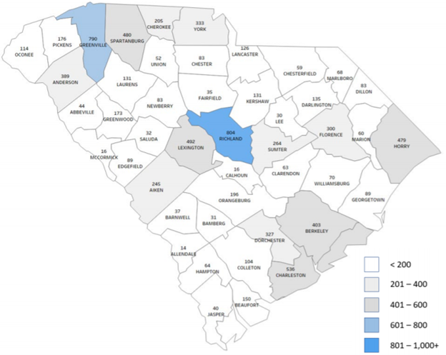 SC County Map Unemployment Insurance Claims Week ending 8/1/20