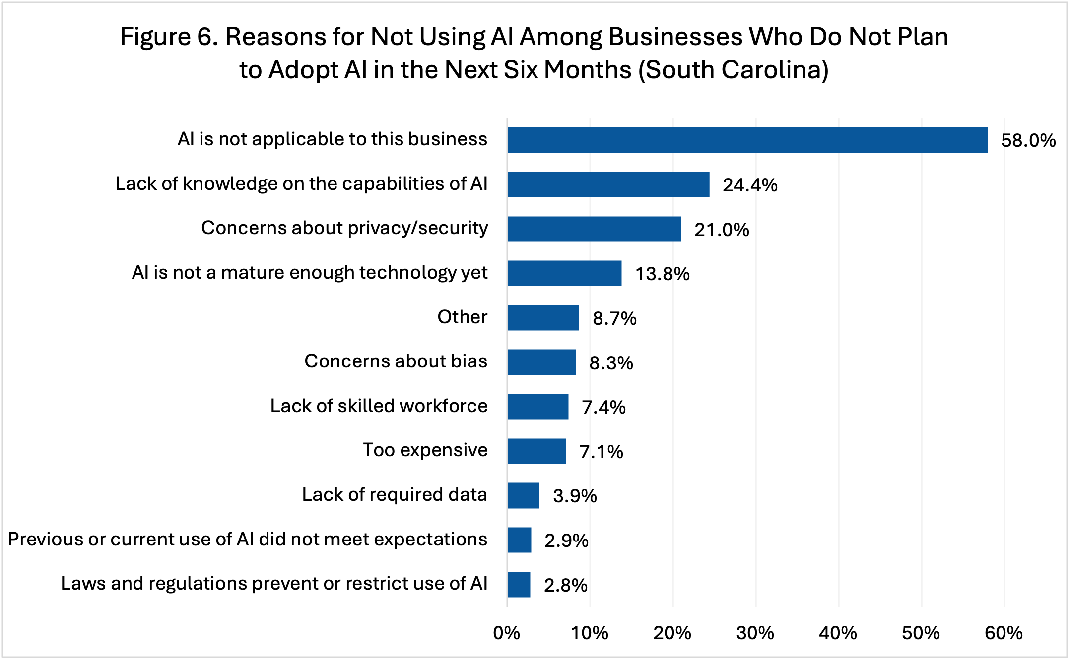 Figure 6. Reasons for Not Using AI Among Businesses Who Do Not Plan to Adopt AI in the Next Six Months (South Carolina)