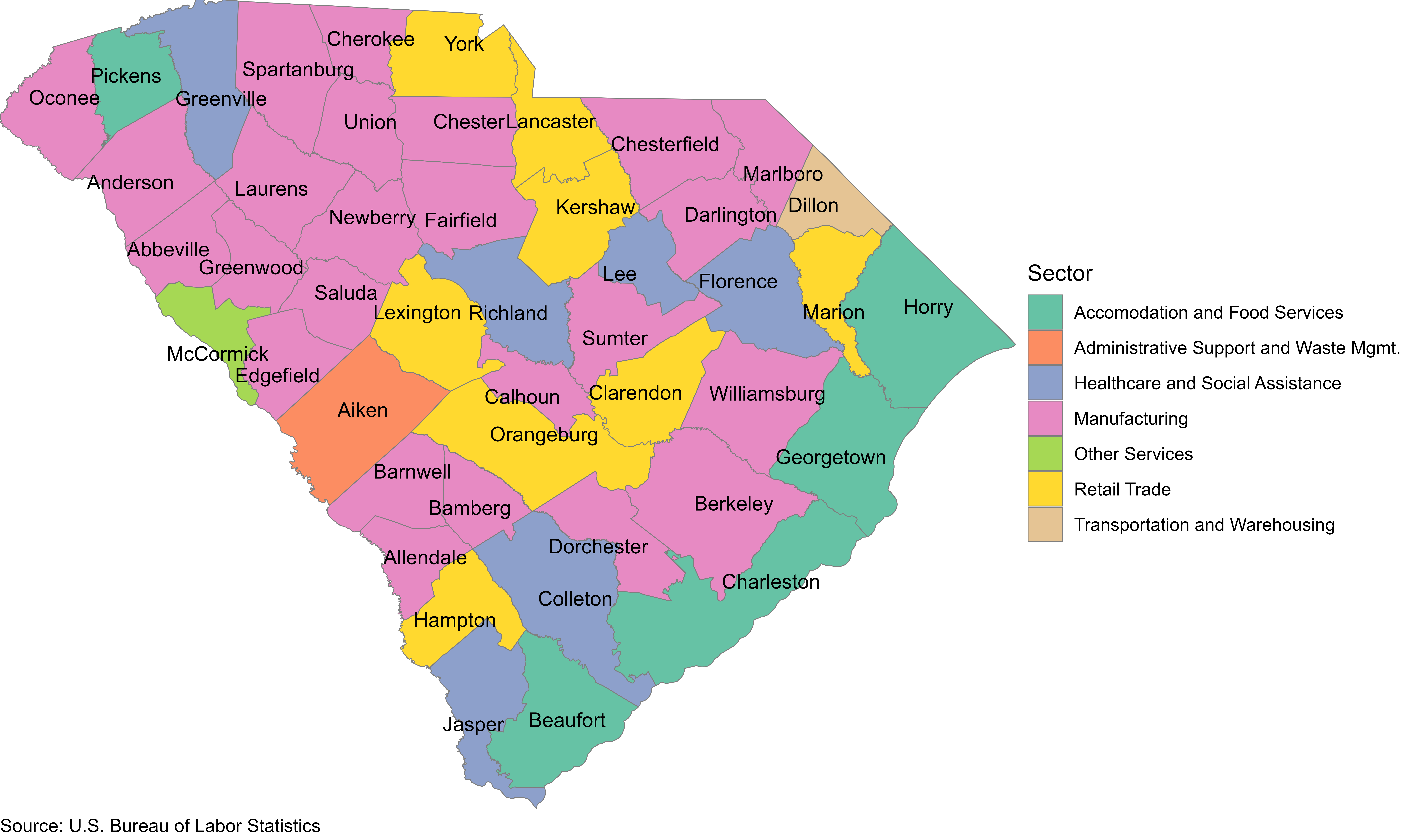 A picture of South Carolina from 2026, divided by counties and organized with seven colors explaining the different sectors.