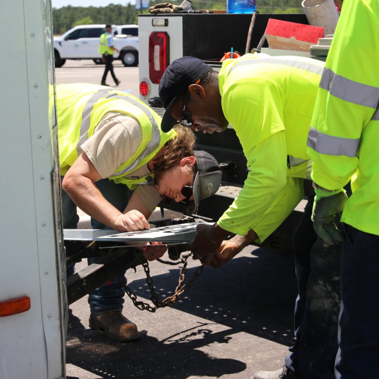 Three men, all in bright, neon green reflective tops, are working on the back of a vehicle with industrial chains 
