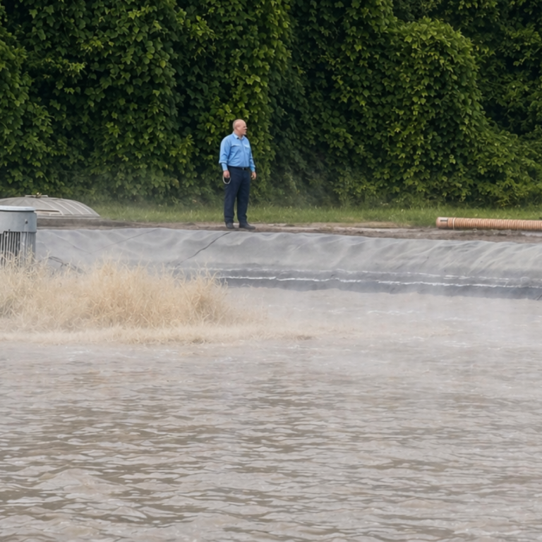 A man sits across from a body of water with steam coming off, he is facing to the right of the picture