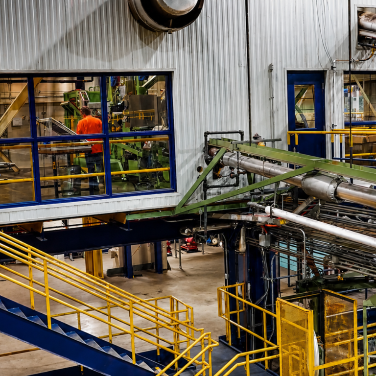 The image depicts the inside of a warehouse, there is a worker in an orange shirt off in another room
