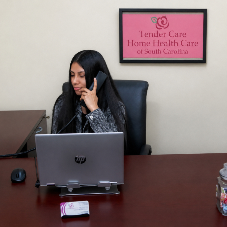 A woman sitting behind the desk on her phone, working on her computer 