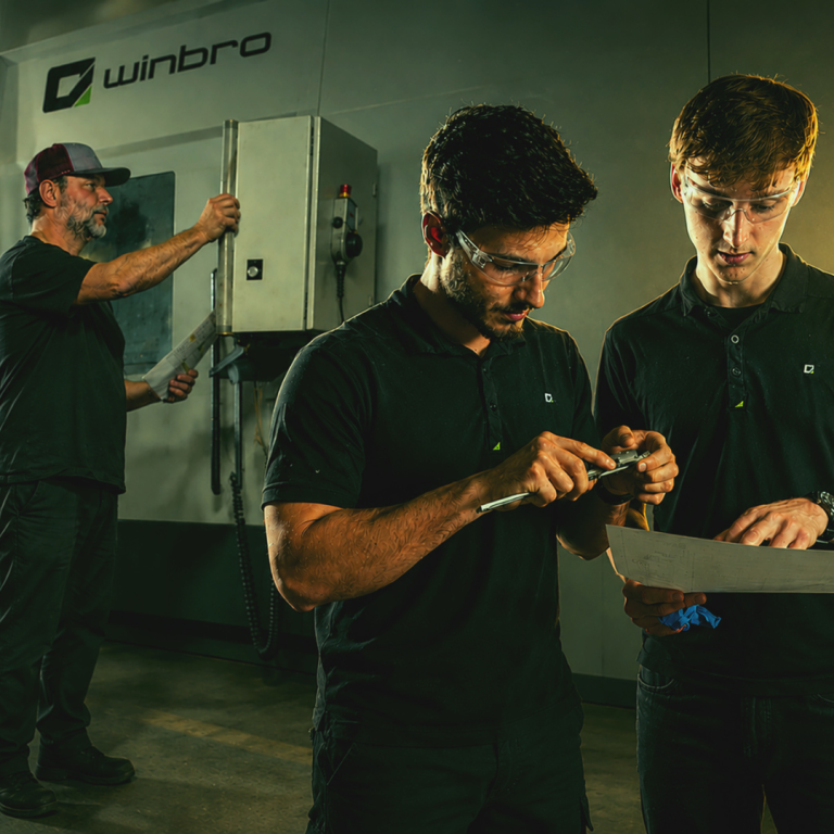Two men stand in the foreground looking at a piece of paper while the man on the left messes with a tool. There's a third man in the background who is working on a box on the wall, above him is a Winbro sign. 